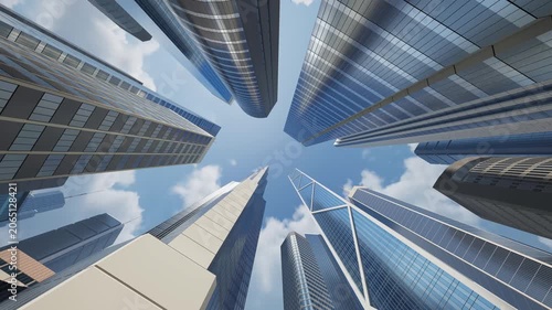 Dynamic city view with modern glass buildings against an impressive sky. Fast-paced camera movement through the city's business district with tall skyscrapers.