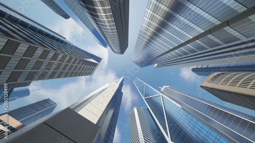 Changing the time of day in the business center: a look at the sky between the buildings. Low angle, city skyscrapers, sunset and starry sky timelapse.