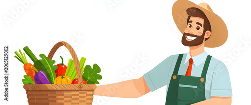 Farmer holding colorful basket of fresh vegetables in sunny outdoor farm setting