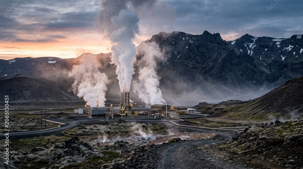 Fototapeta premium Geothermal Power Plant Generating Steam in Mountainous Landscape During Sunrise