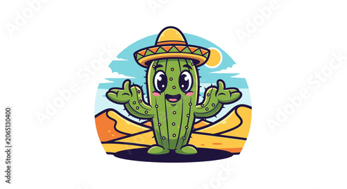 Cartoon cactus character wearing a sombrero in the desert