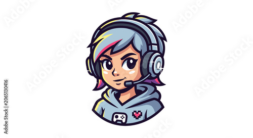Cartoon female gamer mascot wearing headset and grey hoodie
