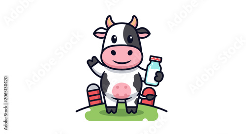 Cartoon dairy cow character holding milk bottle and glass