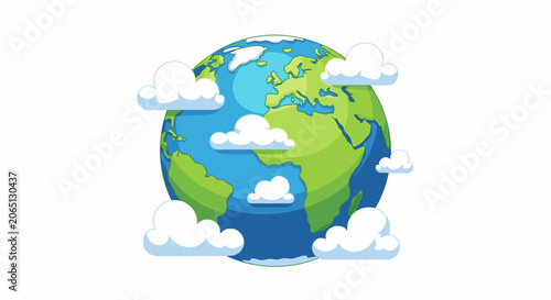 Cartoon Earth globe surrounded by white clouds on plain background