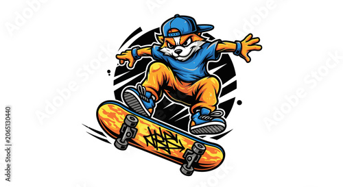Cartoon fox character performing trick on skateboard in urban style
