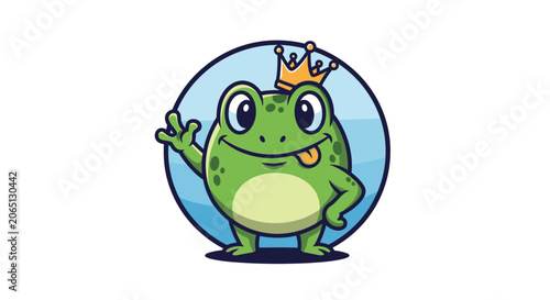 Cartoon frog prince wearing gold crown waving on white background