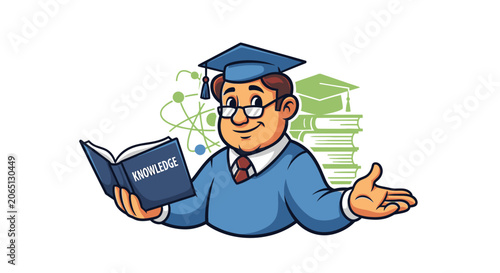 Cartoon graduate holding knowledge book with science icons background