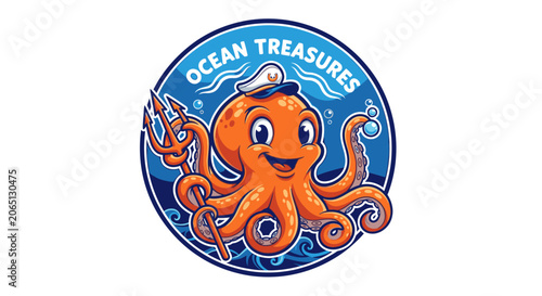 Cartoon octopus mascot wearing sailor hat holding trident logo