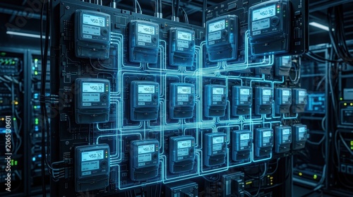 Array of digital electricity meters connected by glowing blue energy grid lines