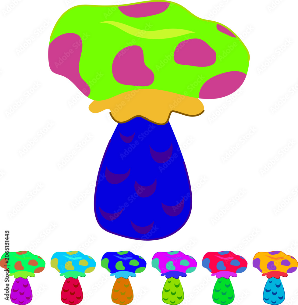 Naklejka premium Psychedelic groovy mushroom with yellow cap and purple spots, red frill and blue stem, vibrant, whimsical, retro 60s70s vector perfect for playful design projects