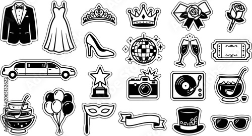 Fotografía Prom Night and Elegant Party Sticker Icon Set with Tuxedo Dress Limousine Disco