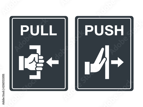 Informative graphic signs for door operation, featuring universal push and pull icons to guide access in public spaces.