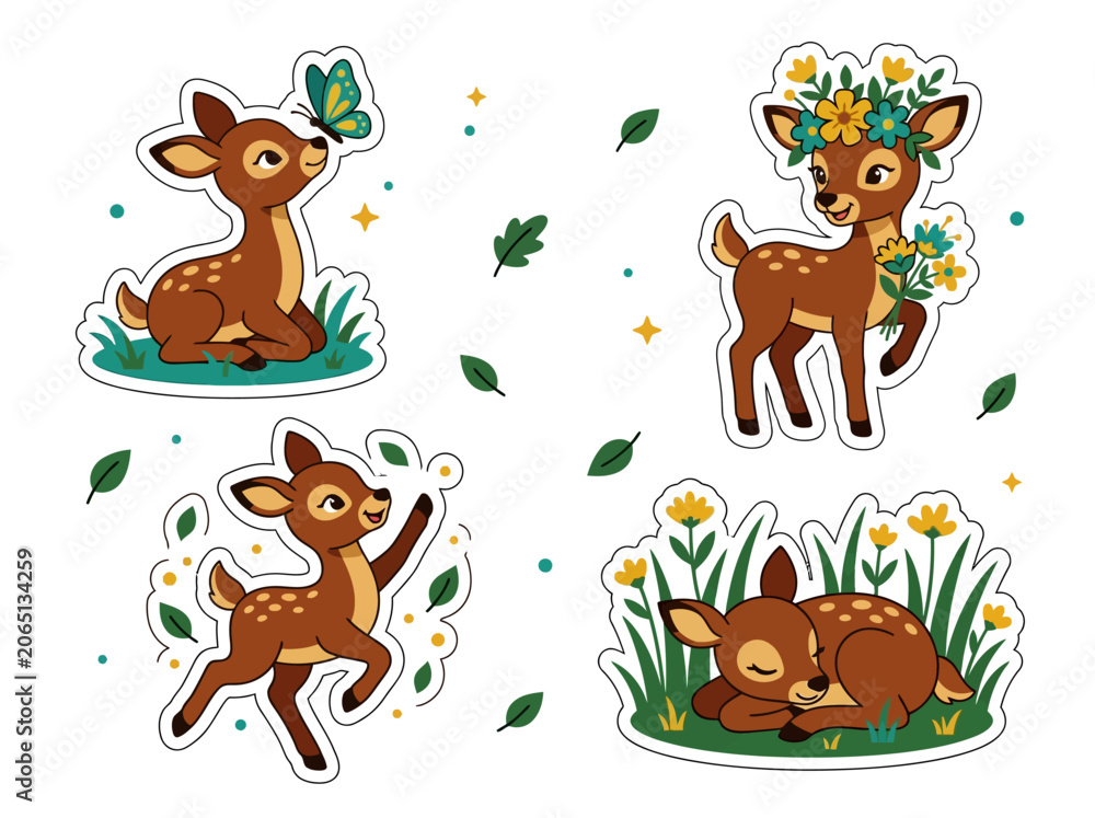 Fototapeta premium Cute Baby Deer Sticker Set, Woodland Fawn Vector Illustrations for Kids and Nursery Decor