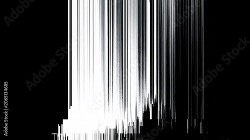 A glitch texture background in black and white with vertical lines and digital interference