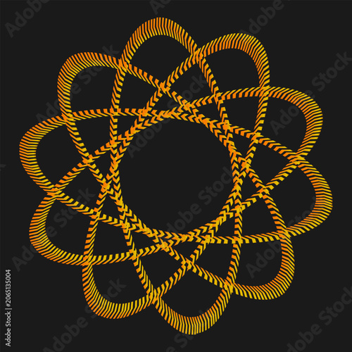 A geometric illustration featuring an intricate, symmetric pattern of interwoven lines forming a star-like shape with a circular center