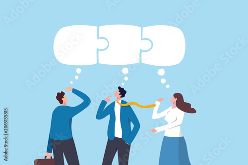Brainstorming for team success, thinking connection to solve jigsaw puzzle, get solution together for success, community team collaboration, business people team up thinking connect jigsaw together.