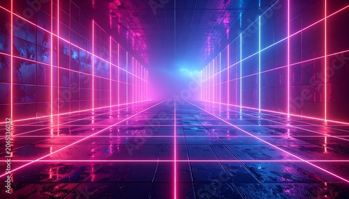 Neon grid tunnel with pink and blue lights.