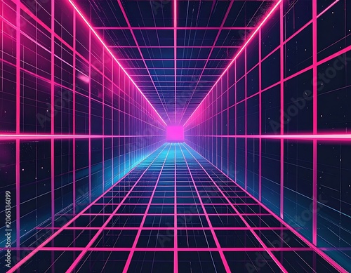 Neon Grid Tunnel with Pink Lines.