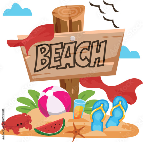 Summer Beach Wooden Signboard Vector Illustration with Vacation Elements
