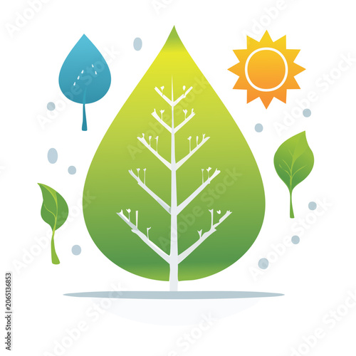 Flat design tree with sun and water droplet illustration