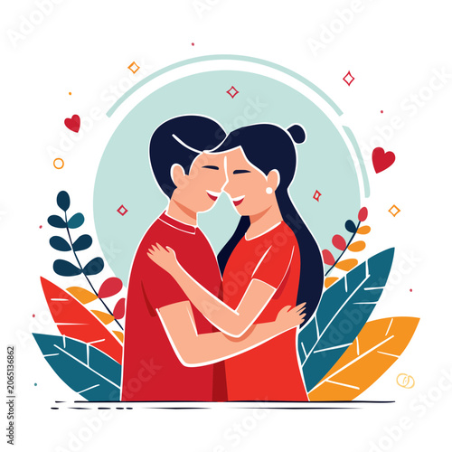 Flat vector illustration of a couple embracing with love