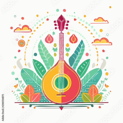 Folk Guitar Illustration with Floral and Cloud Elements