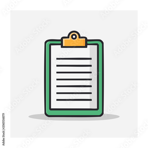Green clipboard with paper and orange clip icon