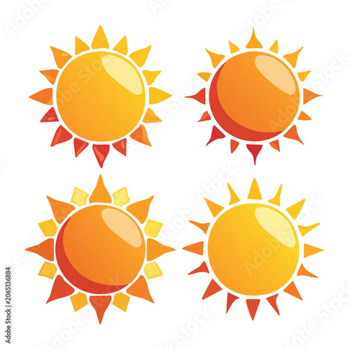 Four flat design suns with rays on white background