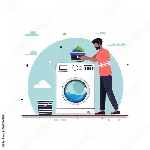 Man loading clothes into washing machine illustration