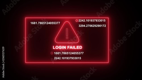 Digital login failed error notification with glowing red warning triangle and rapidly changing data streams for cybersecurity, hacking, system breach, and network security interface concept