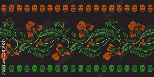 Vector floral border seamless pattern from marigold flowers and human skulls on a black background