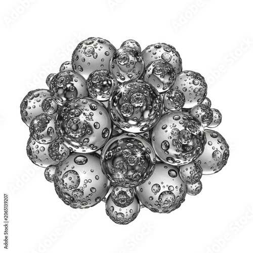 Abstract 3D Rendered Metallic Spheres with Textured Surface on White Background.