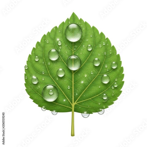 Vibrant Green Leaf with Sparkling Raindrops Isolated on White Background.