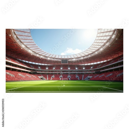 Empty Football Stadium with Green Pitch and Red Seats Under Blue Sky.