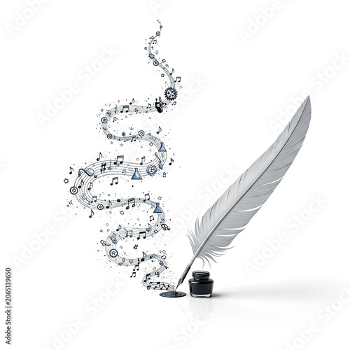 Quill Pen with Inkwell and Musical Notes Flowing Upwards.