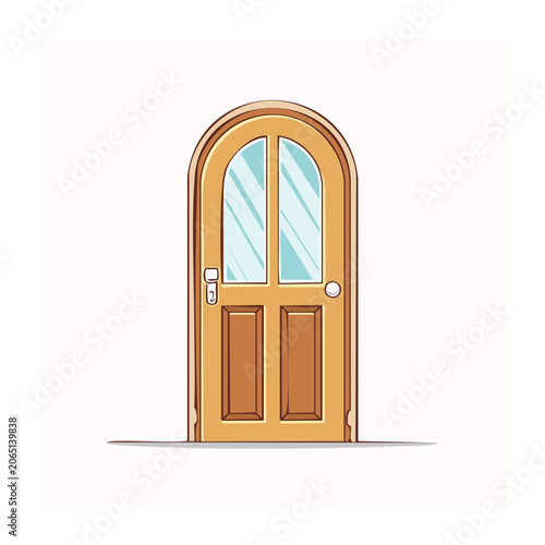Cartoon wooden door with glass panels and arched top