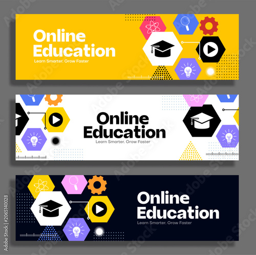 Online education and distance learning concepts clipart banner set. Modern online education banner set clip art includes graduation cap, play button, light bulb, gear, atom and magnifier icons 
