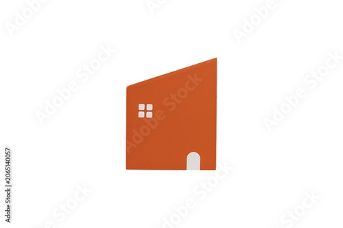 Clean geometric wooden cottage toy representing residential development, house renovation, or architectural projects. Simple object for construction industry advertisements.