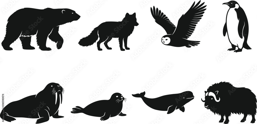 Obraz premium Arctic wildlife and polar animals silhouette vector collection isolated on white background.