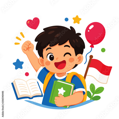 Happy National Children’s Day Illustration with Smiling Student, Indonesian Flag, Books and Educational Celebration Design