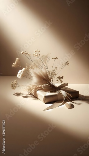 A light brown gift wrapped with dried flowers and a ribbon in warm light.