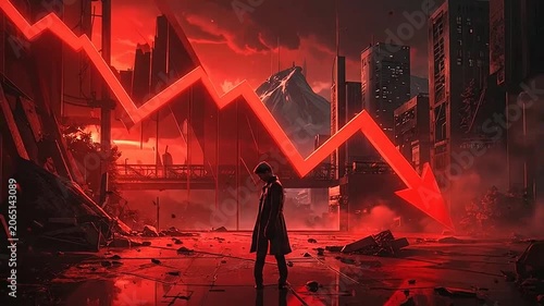 A lone person stands in a ruined city under a red market crash