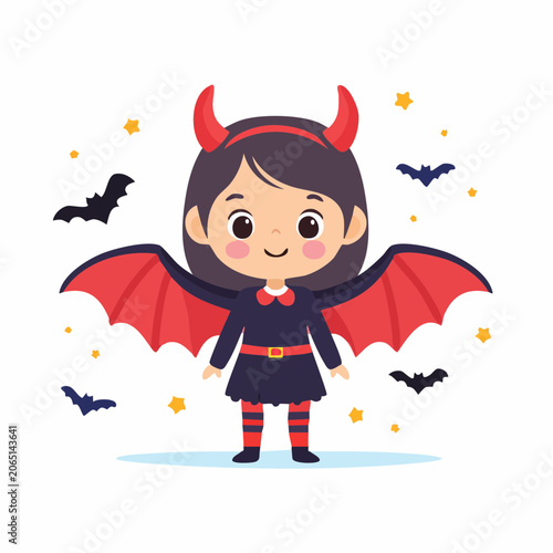Cute Cartoon Girl in Devil Costume with Bat Wings and Horns