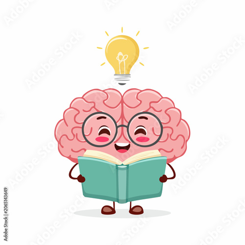 Cute Brain Character Reading a Book with a Light Bulb Idea