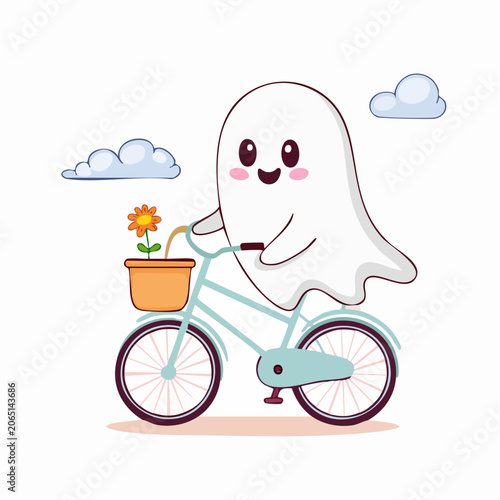Cute Ghost Riding a Bicycle with a Flower
