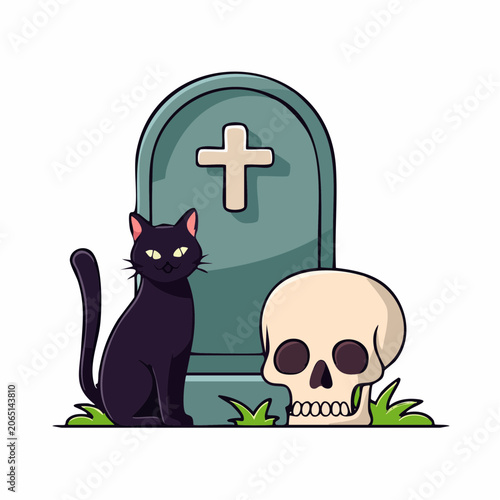 Halloween Scene with Black Cat, Tombstone, and Skull