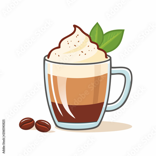 Illustration of a layered coffee drink with whipped cream and coffee beans