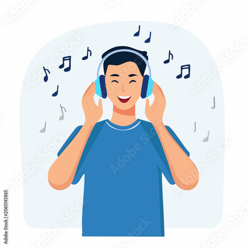 Man Enjoying Music with Headphones and Musical Notes