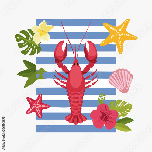 Lobster and Tropical Elements on Striped Background