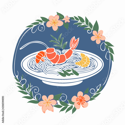 Shrimp and Noodles Dish with Floral Border
